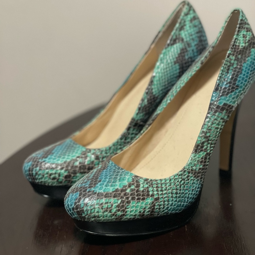 Croc-embossed platform pumps